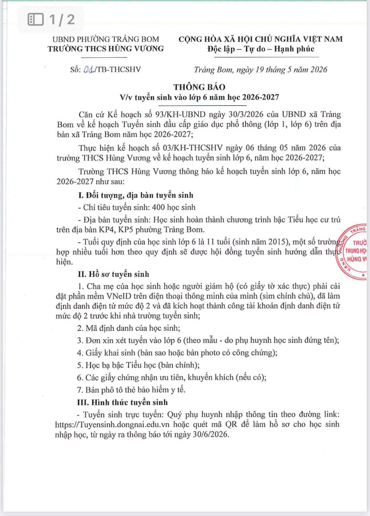 ???? TH&Ocirc;NG B&Aacute;O TUYỂN SINH LỚP 6 Năm học 2026 &ndash; 2027