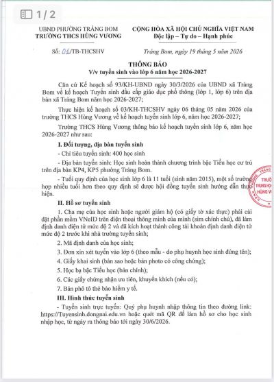 ???? TH&Ocirc;NG B&Aacute;O TUYỂN SINH LỚP 6 Năm học 2026 &ndash; 2027