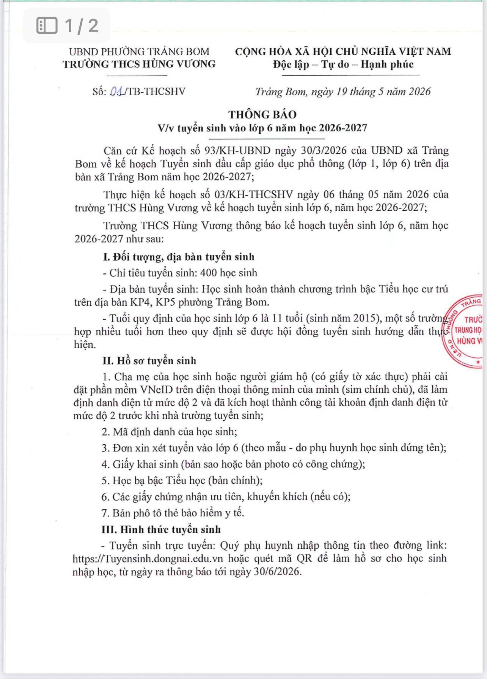 ???? TH&Ocirc;NG B&Aacute;O TUYỂN SINH LỚP 6 Năm học 2026 &ndash; 2027