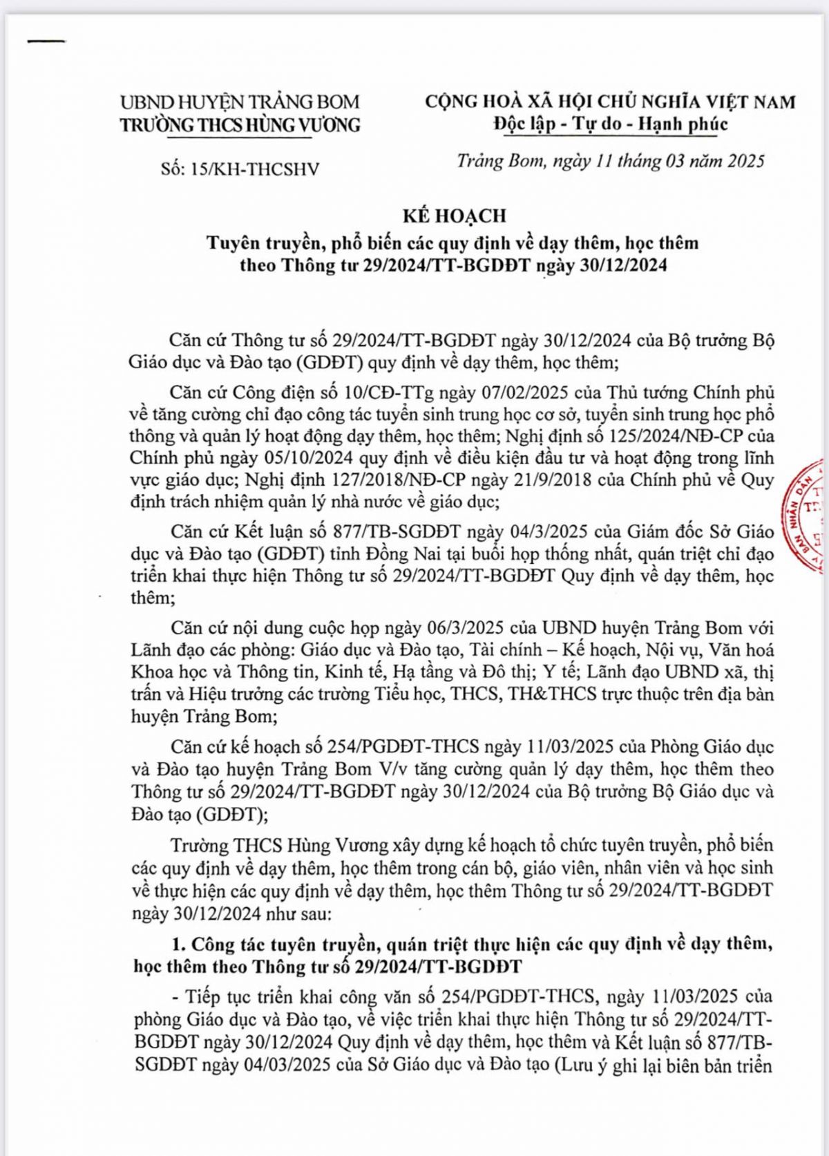 KẾ HOẠCH Tuy&ecirc;n truyền, phổ biến c&aacute;c quy định về dạy th&ecirc;m, học th&ecirc;m theo Th&ocirc;ng tư 29/2024/TT-BGDĐT ng&agrave;y 30/12/2024