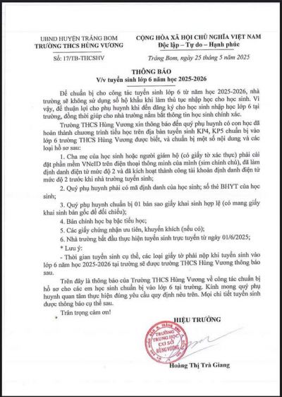 ???? Trường THCS H&ugrave;ng Vương th&ocirc;ng b&aacute;o c&ocirc;ng t&aacute;c tuyển sinh lớp 6 năm học 2025-2026.  * Lưu &yacute;: nh&agrave; trường bắt đầu tuyển sinh trực tuyến từ ng&agrave;y 01/06/2025, qu&yacute; PHHS đọc kĩ c&aacute;c th&ocirc;ng tin sau. Tr&acirc;n trọng!????????