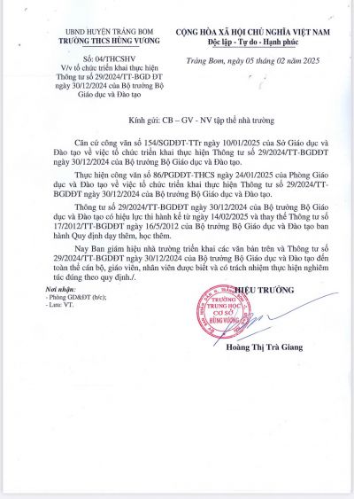 Số : 04/THCSHV V/v t ố chức triển khai thực hiện Th&ocirc;ng tư số 29/2024/TT-BGDĐT ng&agrave;y 30/12/2024 của Bộ trưởng Bộ Gi&aacute;o dục v&agrave; Đ&agrave;o tạo